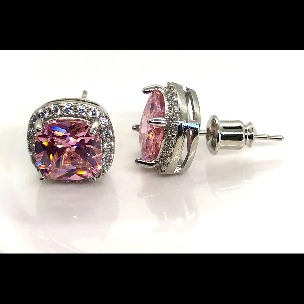 Pink Sapphire Silver Stud Earrings - Picture 4 of 5